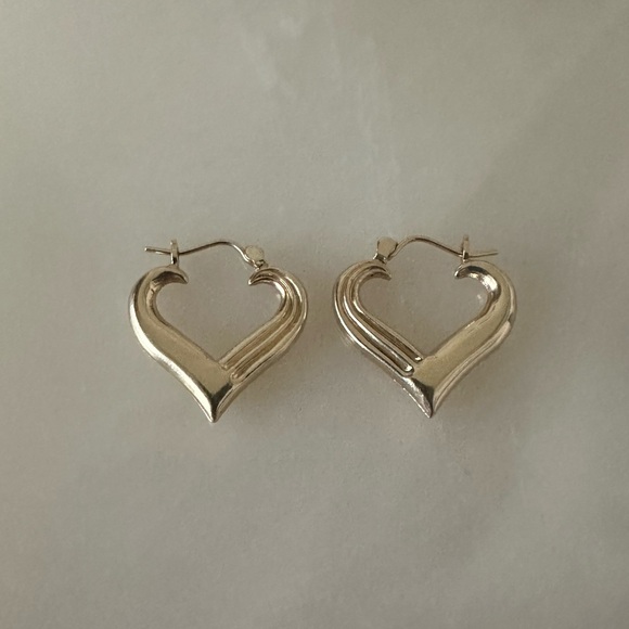 14k Solid Gold Heart Hoop Earrings - Picture 2 of 16